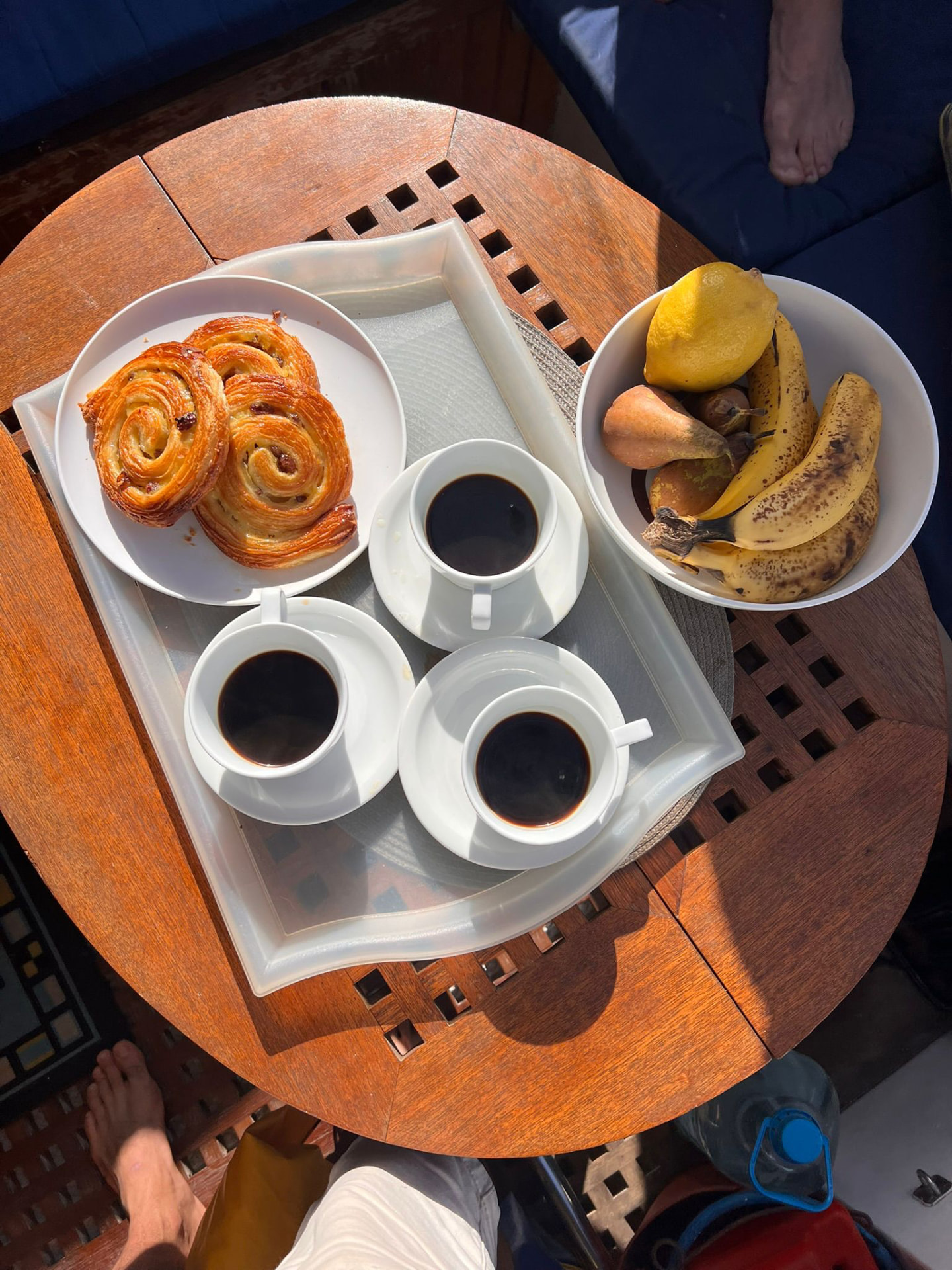 Fresh coffee and pastries served on deck during a private charter breakfast