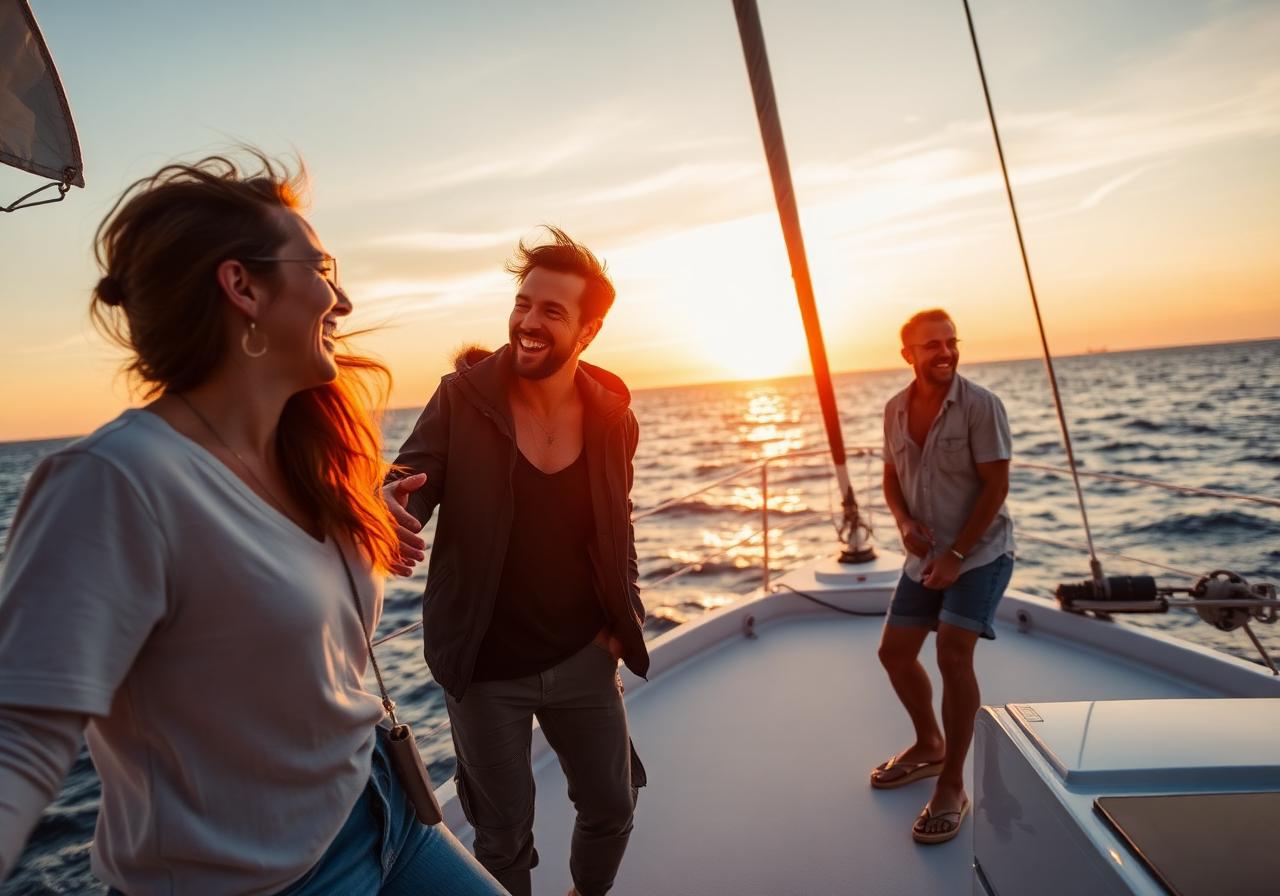 Friends laughing on a sailing yacht deck at sunset